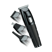 Black rechargeable trimmer with multiple snap-on attachment heads