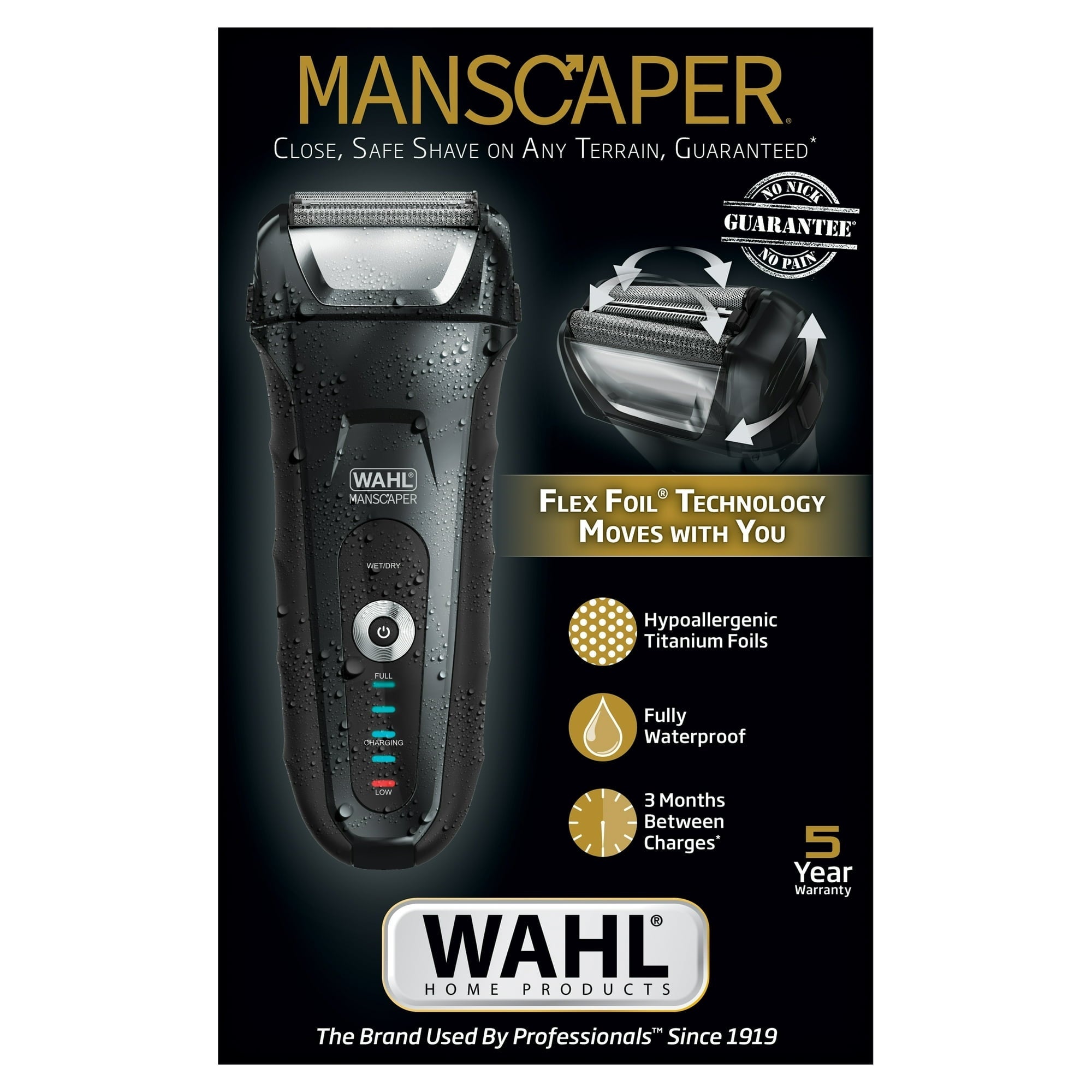 Wahl Manscaper Shaver, Lithium Ion Rechargeable, Waterproof Wet/Dry Flex Hypoallergenic Foils, for Men, 7074