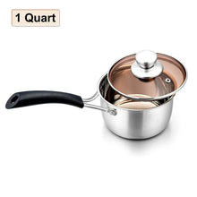 1-quart stainless steel saucepan with transparent lid, black handle, and side spout