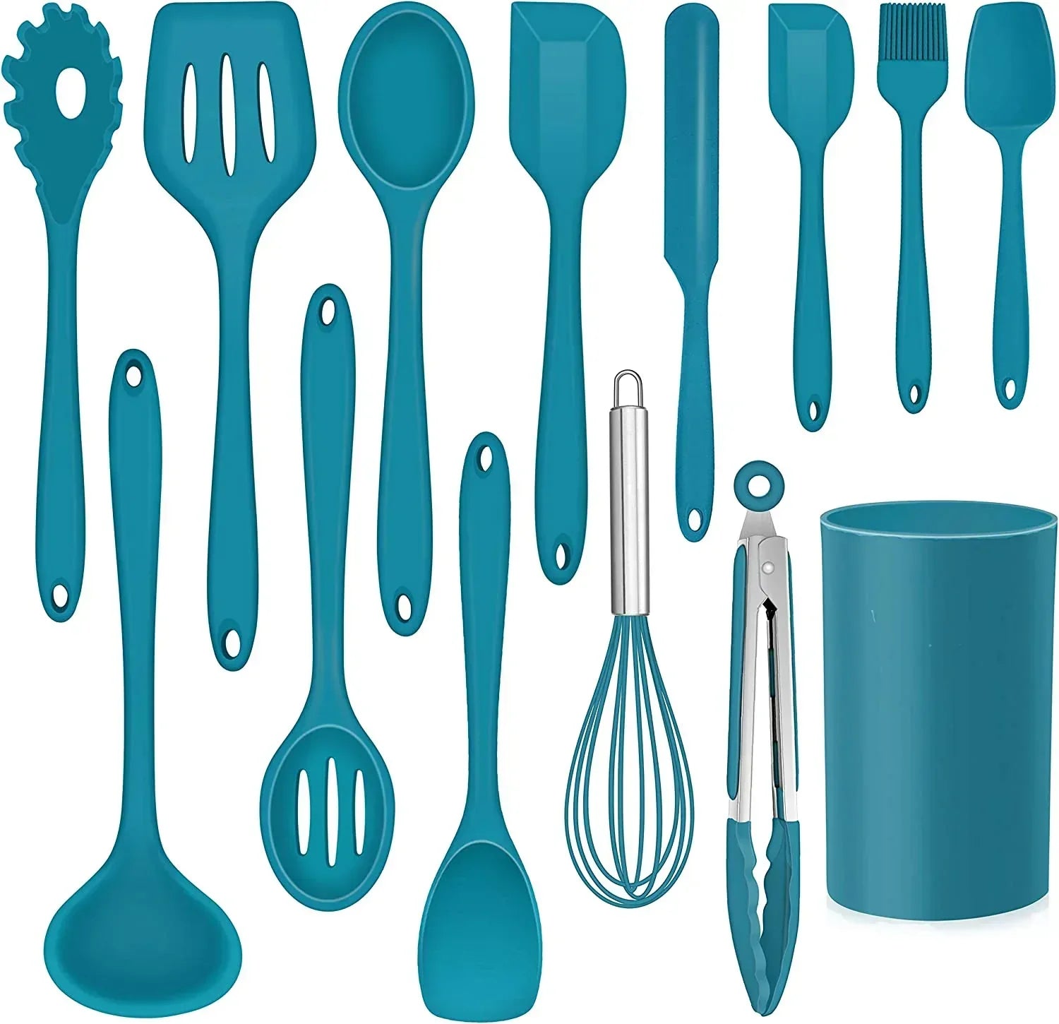 Walchoice 14 Pcs Cooking Utensils Set with Holder, Heat Resistant Silicone Kitchen Cookware Utensils Set, Kitchen Cooking Tools Includes Spatula Spoon Turner Whisk Tong, Dishwasher safe, Black