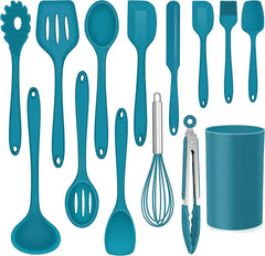 Walchoice 14 Pcs Cooking Utensils Set with Holder, Heat Resistant Silicone Kitchen Cookware Utensils Set, Kitchen Cooking Tools Includes Spatula Spoon Turner Whisk Tong, Dishwasher safe, Black