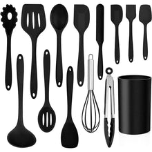 Black silicone cooking utensil set with 14 tools and matching cylinder holder