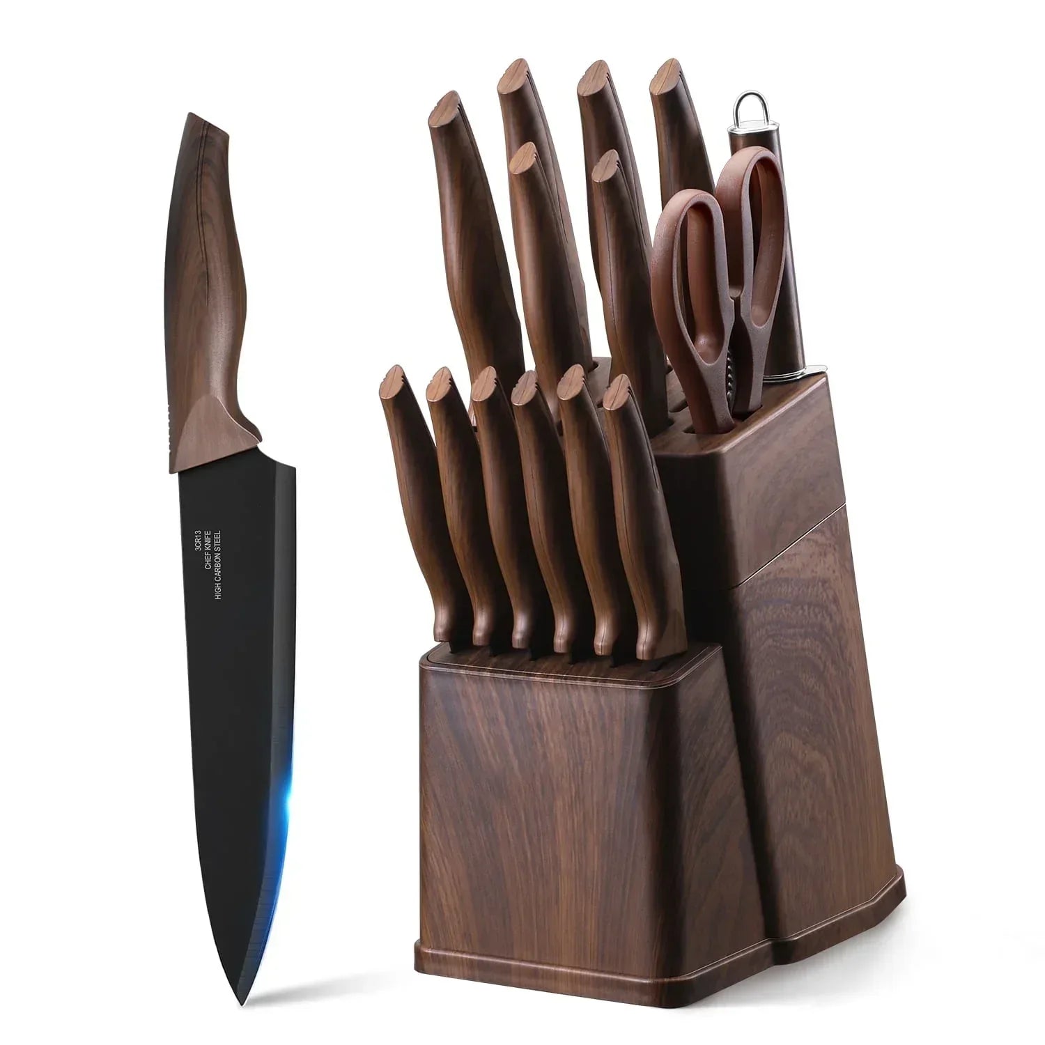 Walchoice 15 Pieces Knife Set with Block, High Carbon Stainless Steel Kitchen Knife Set with Sharpener, Rust Resistant & Dishwasher Safe - USA MEGA SHOP