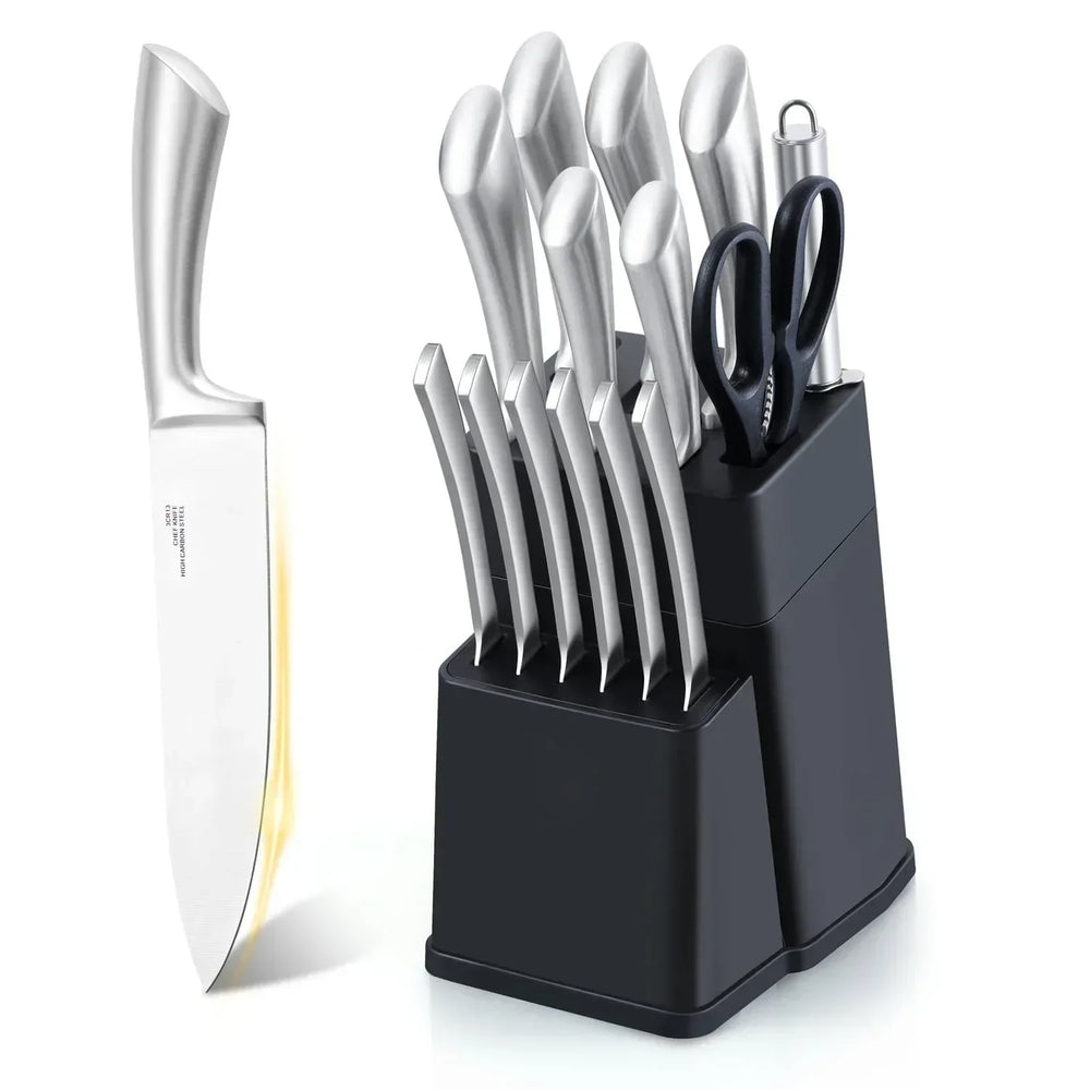 Walchoice 15 Pieces Knife Set with Block, High Carbon Stainless Steel Kitchen Knife Set with Sharpener, Rust Resistant & Dishwasher Safe - USA MEGA SHOP