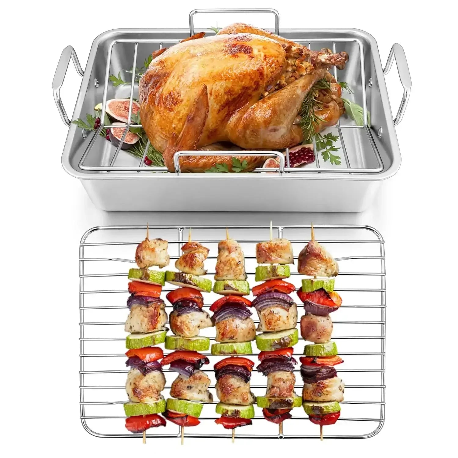 Walchoice Roasting Pan with Rack Set, Stainless Steel Large Turkey Roaster with V-shaped rack & Cooling Rack for Thanksgiving, Heavy Duty & Dishwasher Safe - USA MEGA SHOP