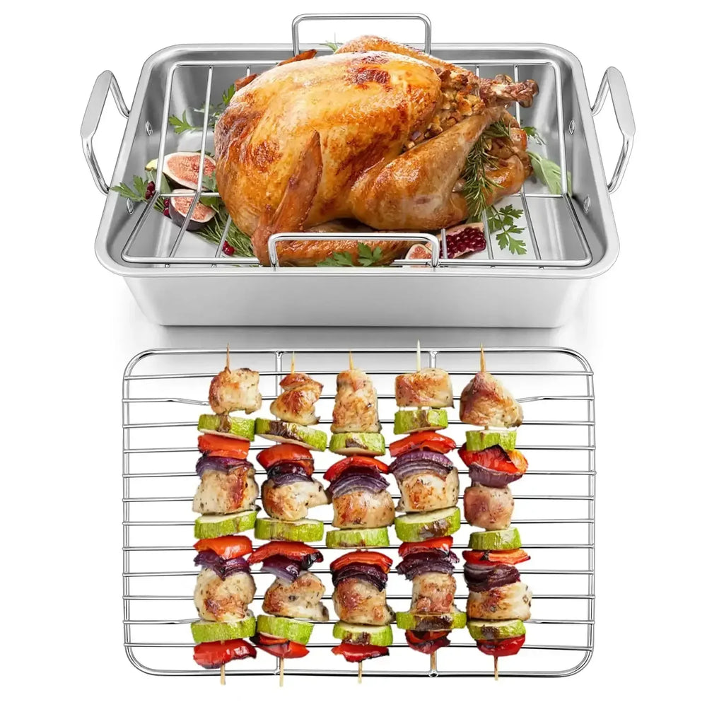 Walchoice Roasting Pan with Rack Set, Stainless Steel Large Turkey Roaster with V-shaped rack & Cooling Rack for Thanksgiving, Heavy Duty & Dishwasher Safe - USA MEGA SHOP
