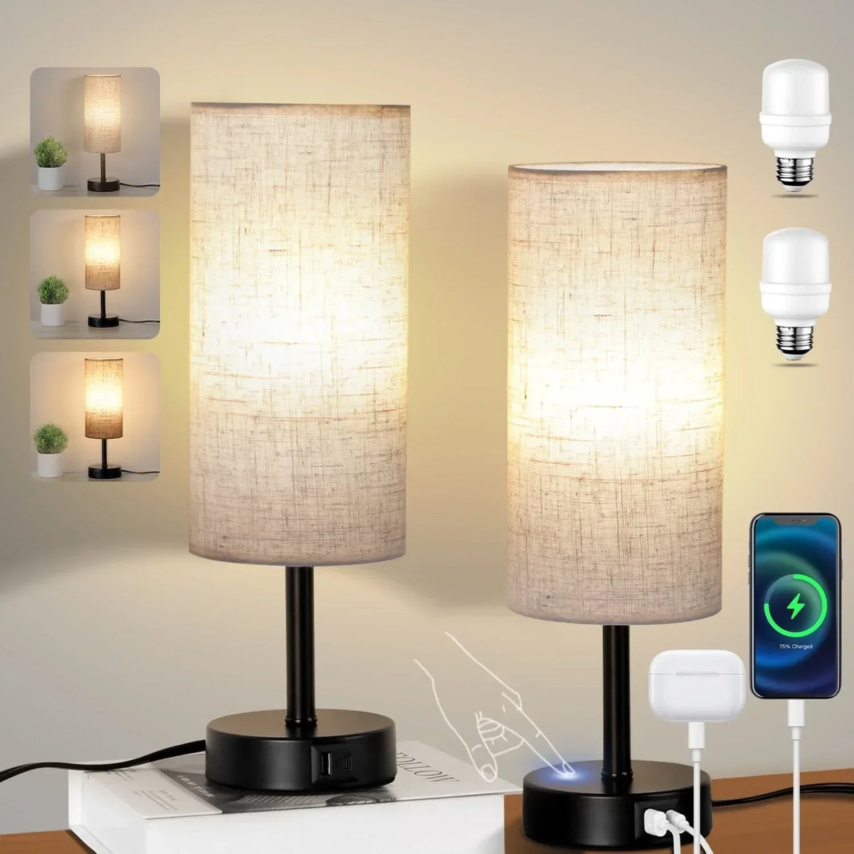 Walchoice Table Lamp Set of 2, Touch Control Desk Reading Lamp with USB A+C Charging Ports, 3-Way Dimmable Nightstand Lamps for Bedroom/ Living Room, Round Flaxen Shade - USA MEGA SHOP