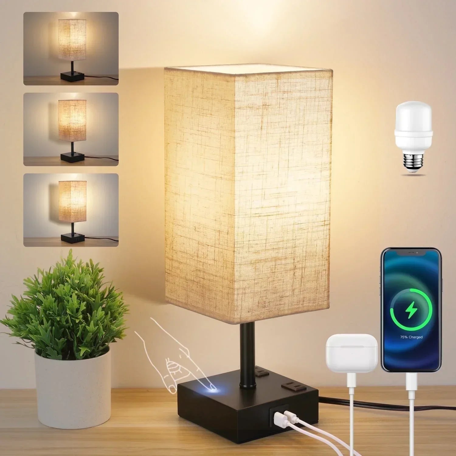 Walchoice Touch Control Table Lamp for Bedroom, 3-Way Dimmable Desk Lamp with USB A+C Charging Ports & 2-Prong AC Outlets, Nightstand Lamp with Rectangular Flaxen Shade - USA MEGA SHOP