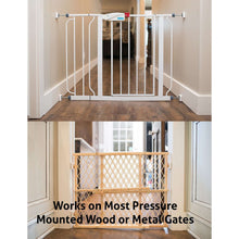 Baby safety gate installed indoors with white wall protectors at both sides