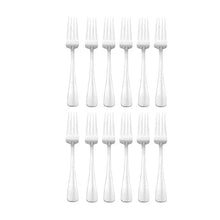 Twelve stainless steel dinner forks, front view, four tines each