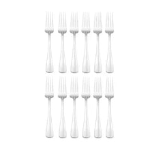 Set of 12 dinner forks, stainless steel with five tines, lined up for display
