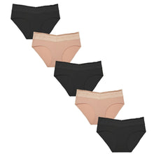5-pack hipster underwear with lace waistband: black, tan, rose, nude