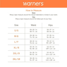 Warners size chart showing waist and hips for underwear sizing