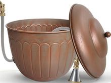 Garden water hose storage pot with embossed metal bucket, hinged lid, and hose outlet fitting