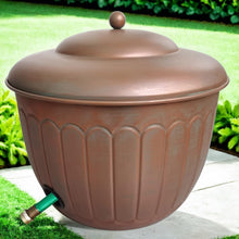 Garden water hose storage pot with embossed sides, domed lid knob, and hose outlet