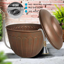 Garden water hose storage pot with open lid, connected hose end, and embossed copper bucket