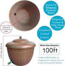 Garden water hose storage pot with domed lid, embossed copper finish, and front hose outlet