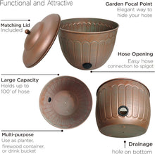 Garden water hose storage pot with matching lid, hose opening, and drainage hole in base