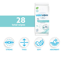 WaterWipes Sensitive on the Go wipes pouch with 28 total wipes and texture icons
