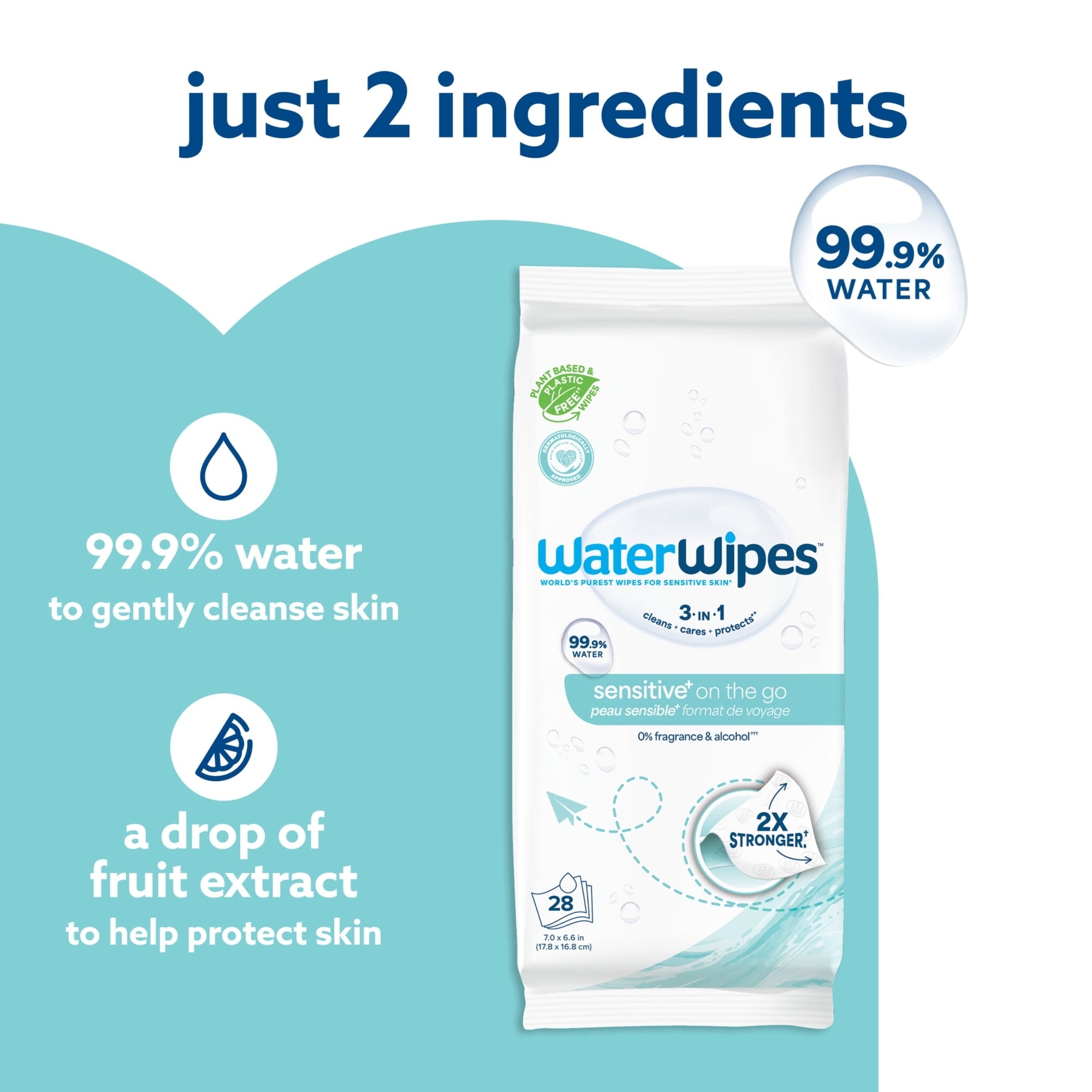 WaterWipes Sensitive On The Go Wipes, 99.9% Water, Unscented & Hypoallergenic, 28 Wipes