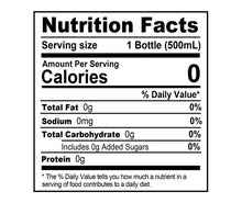 Nutrition Facts panel: 1 bottle (500 mL), 0 calories, 0g fat, sodium, carbs