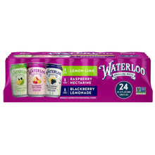 Sparkling water variety pack with lemon-lime, raspberry, and blackberry labels