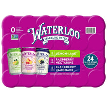 Sparkling water 24-count can tray with flavor labels and barcode