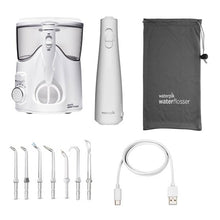 Water flosser kit set with white countertop unit, cordless device, tips, hose, and pouch.