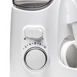 Close-up of white water flosser control dial and power buttons on the front.