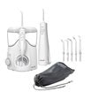 Water flosser combo pack with countertop unit, cordless handle, accessories, and storage pouch.