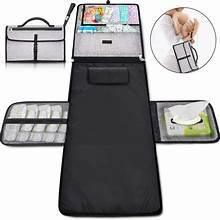 Foldable changing pad mat unfolded from a zippered travel case, dark gray/black