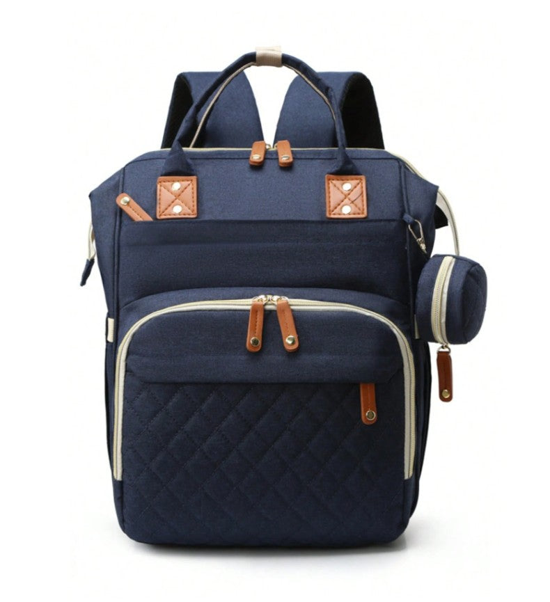 Navy blue backpack with brown accents on a white background