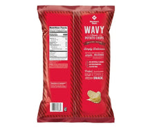 Back of Wavy potato chips bag with Nutrition Facts and ingredient highlights