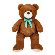 Brown teddy bear plush with teal ribbon bow, white muzzle and belly, standing