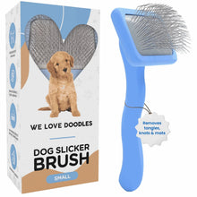 Blue dog slicker brush with metal pin pad, shown with small size box.