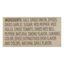 Ingredients label: salt, dried onion, garlic, sugar, spices, rice, tomato, smoke flavor
