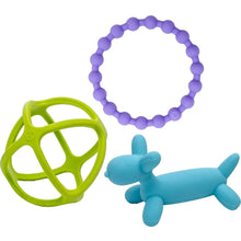 Silicone baby teether set with green wheel ring, purple bead ring, and blue dolphin