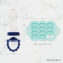 Silicone baby feeder teether set with blue handle teether and teal freezer tray