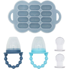 Silicone baby feeder teether set with cloud freezer tray, blue handles, and nipple inserts