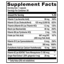 Supplement Facts panel showing vitamin C 90 mg and vitamin D3 125 mcg