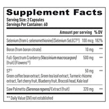 Supplement Facts label for prostate health capsules, table of ingredients and amounts