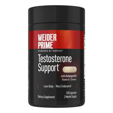 Testosterone support dietary supplement bottle, red and black label, 120 capsules