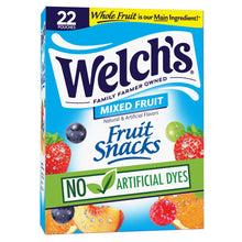 Welch's Mixed Fruit Fruit Snacks box with 22 pouches and no artificial dyes