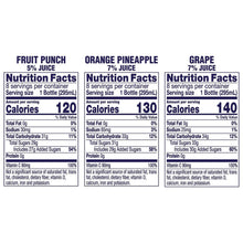 Nutrition facts label for Welch's juice drink, showing Fruit Punch, Orange Pineapple, Grape