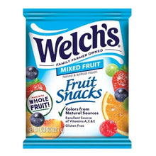 Mixed fruit fruit snack pouch, blue package with berry and orange fruit illustrations