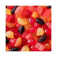 Mixed fruit gummy snacks assortment, red and orange pieces with berry clusters