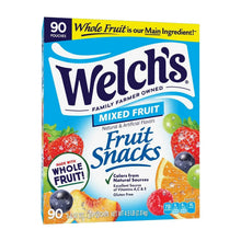 Welch's mixed fruit fruit snack pouches, yellow and blue package front with fruit art