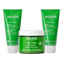 Weleda Skin Food set: green cream tubes and body butter jar, three-pack.