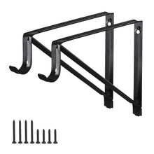 Black wall-mounted closet rod brackets, two steel supports with U-shaped hooks and mounting screws