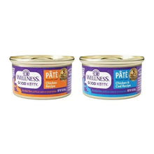 Two Wellness Good Kitty pate cans with purple labels, chicken & cod recipe
